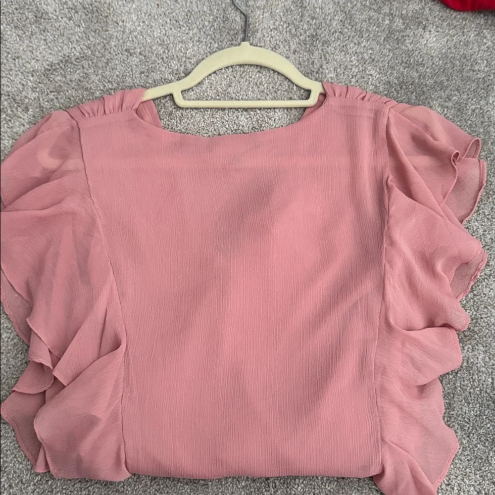Lulus Pretty And Poised Rose Ruffled Short Sleeve Surplice Bodysuit Pink - Picture 6 of 7